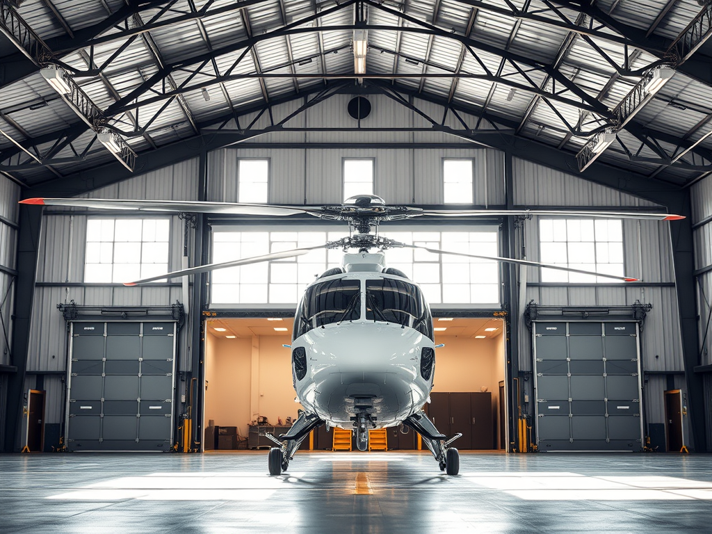 A helicopter parked inside a spacious steel hangar with large doors, illuminated by natural light from high windows.