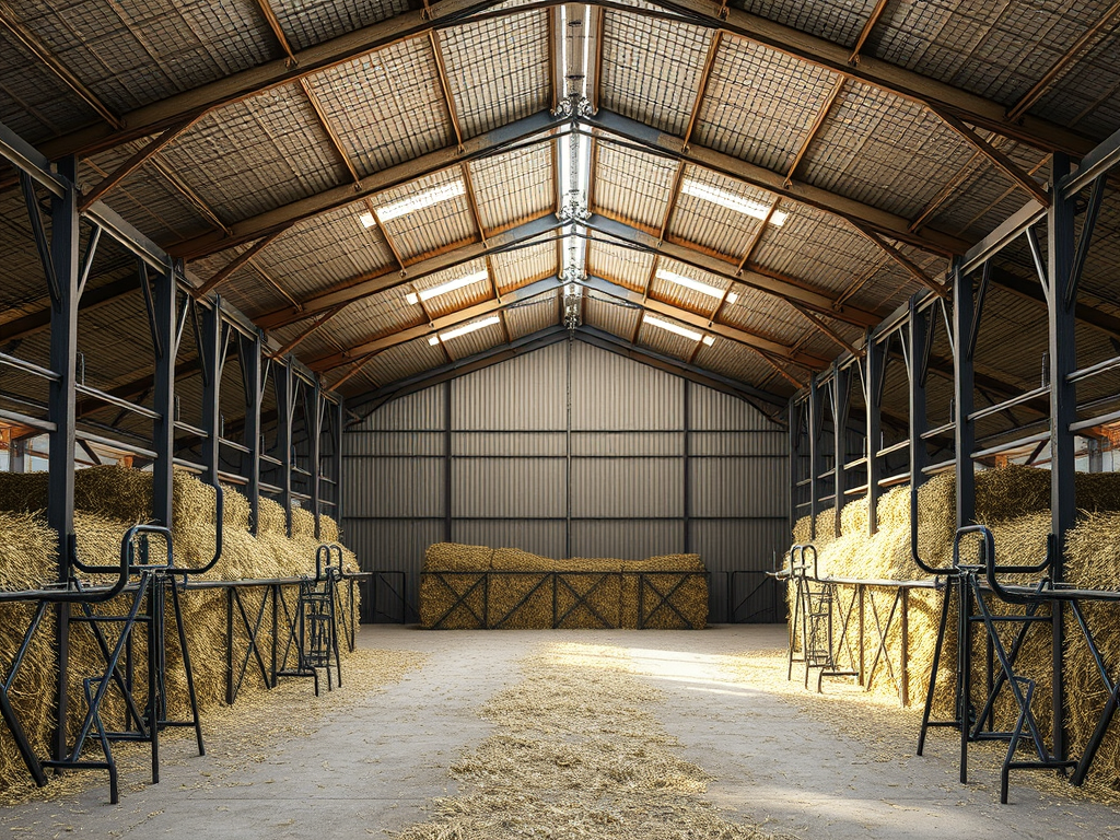 Interior view of a spacious steel barn designed for agricultural use, featuring straw stacks, high ceilings, and no interior support columns.