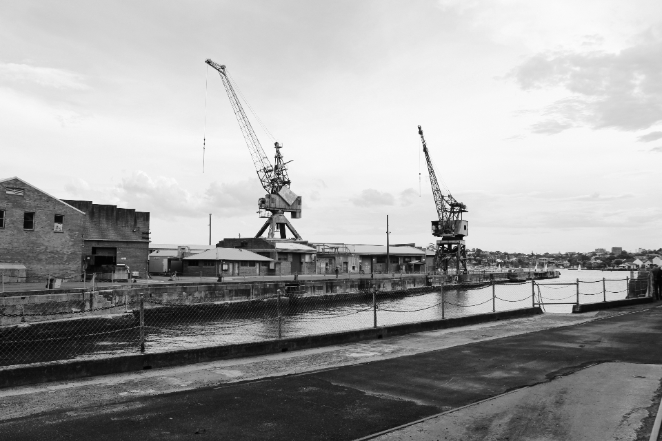 A black and white image of two large cranes at a dockside, overlooking a calm waterway with buildings in the background.
